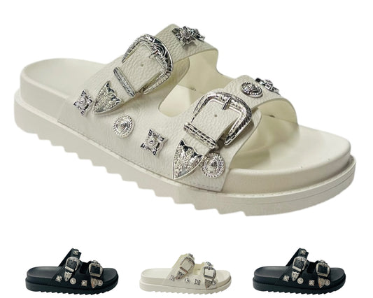 Double Strap Buckle Flat Sole Sandals