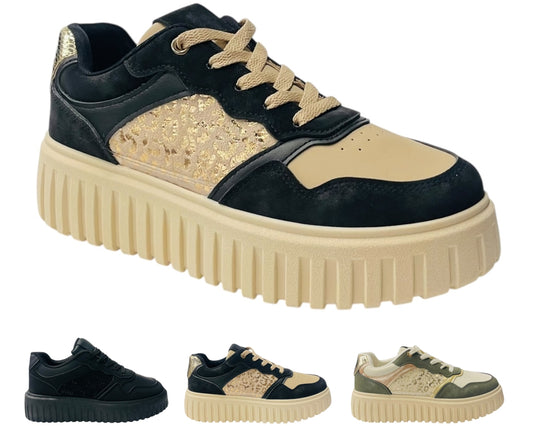 Faux Leather Platform Lace Up Trainers