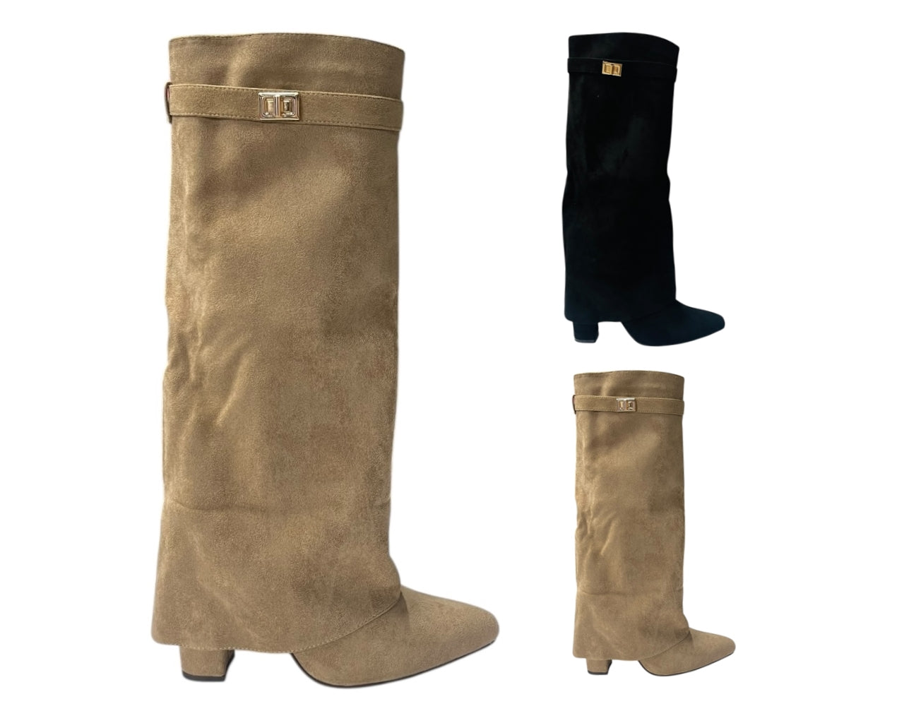 Knee High Faux Suede Fold Over Block Heel Boots