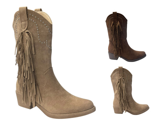 Mid Calf Stud Fringe Faux Suede Tassel Boots