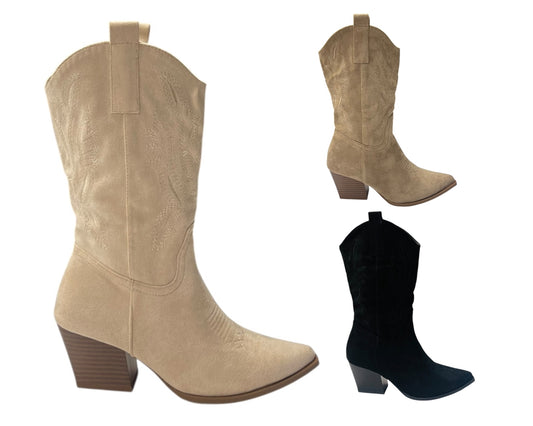Mid Calf Embroidered Faux Suede Cowboy Boots