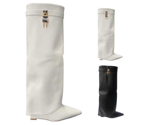 Faux Leather Padlock Knee High Fold Over Wedge Heel Boots