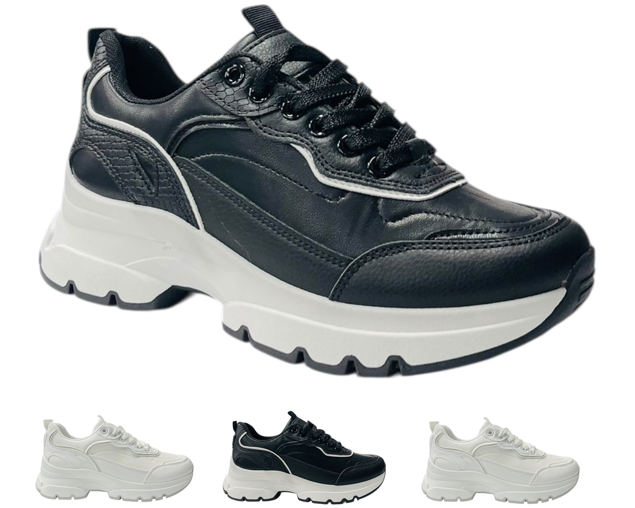 Chunky Sole Faux Leather Lace Up Trainers