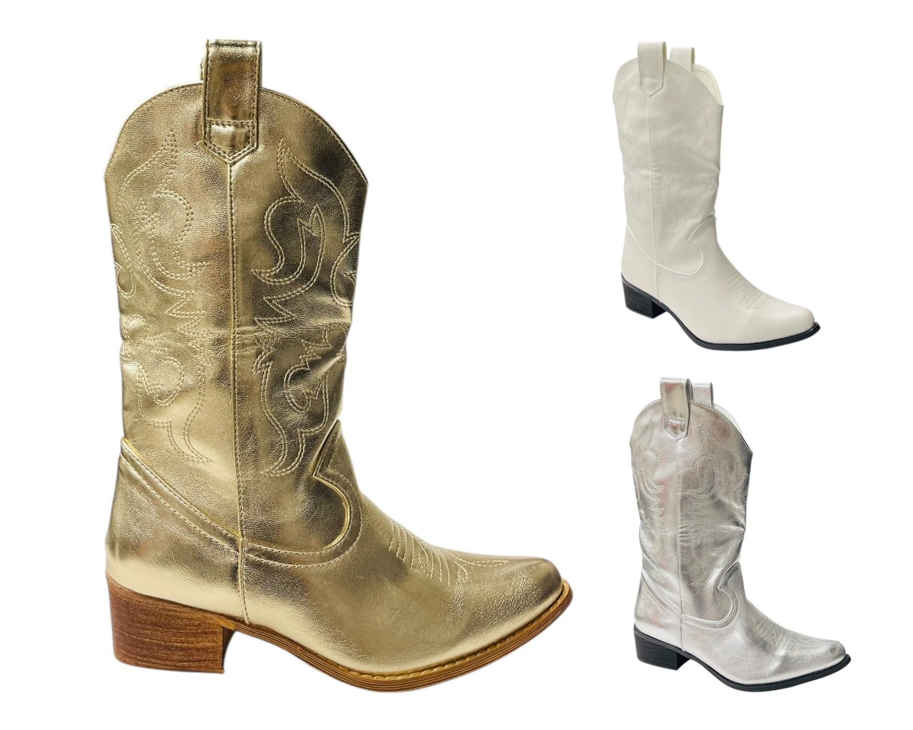 Mid Calf Embroidered Faux Patent Leather Cowboy Boots