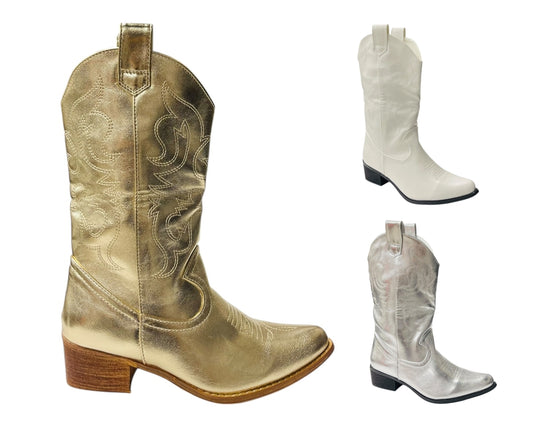 Mid Calf Embroidered Faux Patent Leather Cowboy Boots