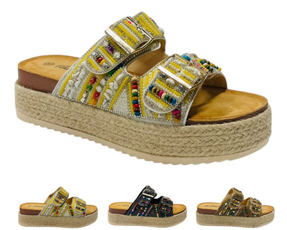Platform Beaded Buckle Strap Flat Sandals