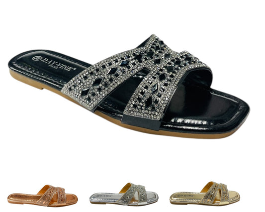Rhinestone Embellished Flat Sole Sandals