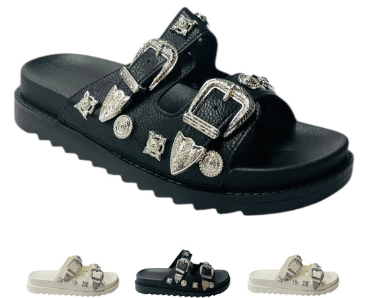 Flat Sole Double Strap Buckle Sandals