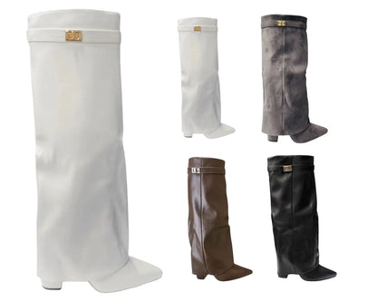 Faux Leather Knee High Fold Over Block Heel Boots