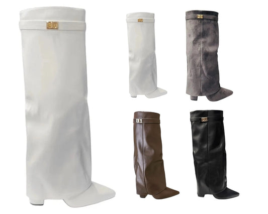 Faux Leather Knee High Fold Over Block Heel Boots