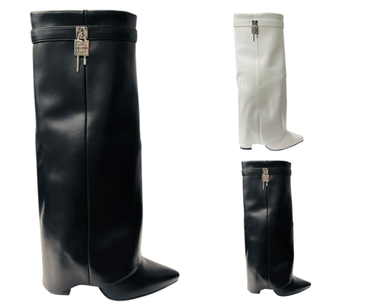Padlock Details Knee High Fold Over Block Heel Boots