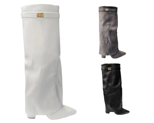 Faux Leather Knee High Fold Over Block Heel Boots