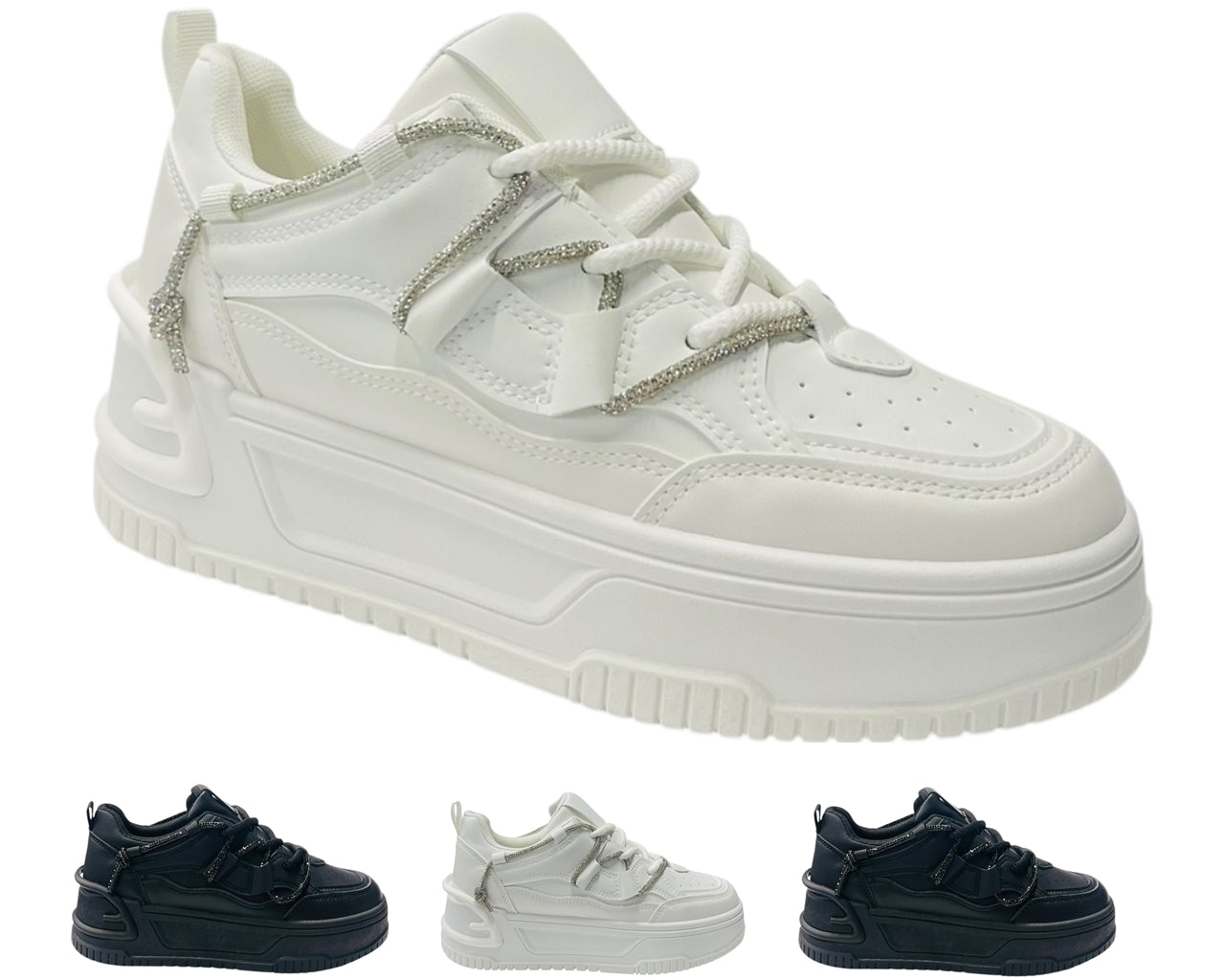 Platform Faux Leather Diamante Lace Up Trainers
