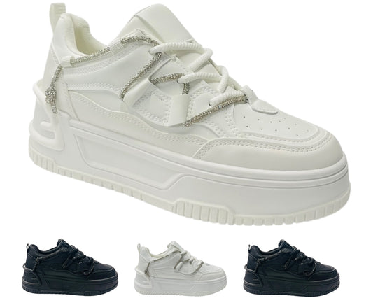 Platform Faux Leather Diamante Lace Up Trainers