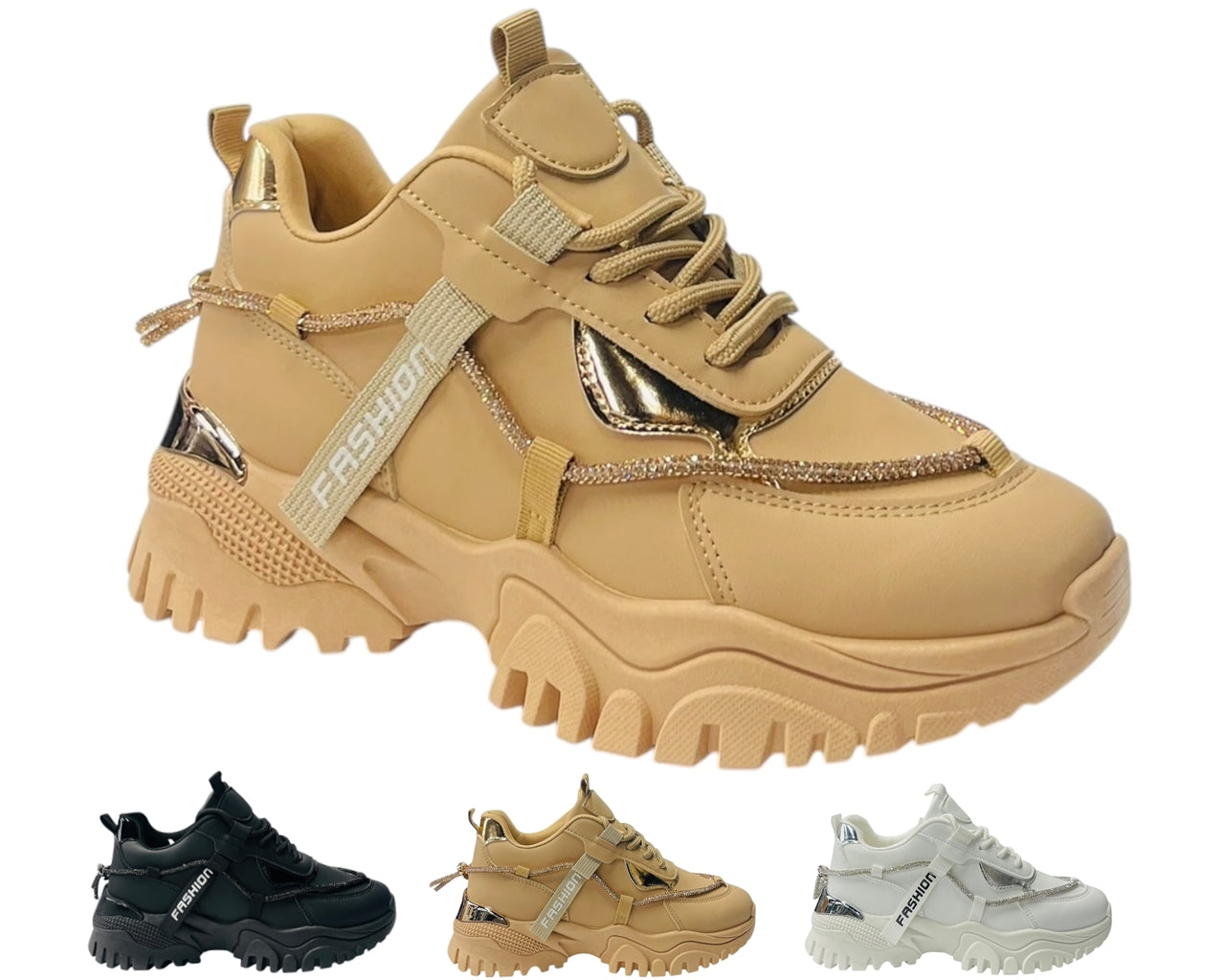 Chunky Sole Diamante Lace Up Faux Leather Trainers