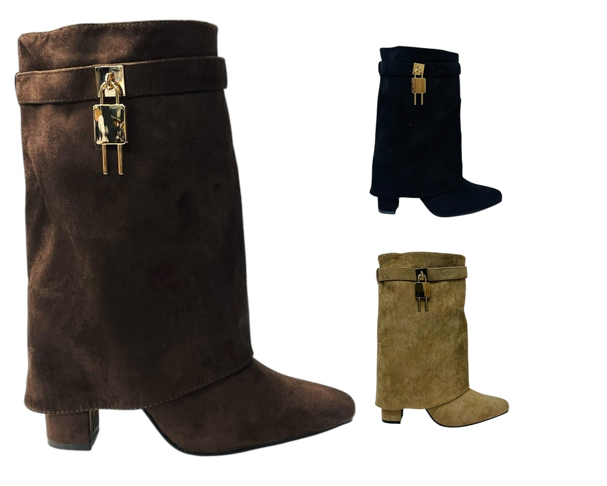 Faux Suede Fold Over Padlock Ankle Boots