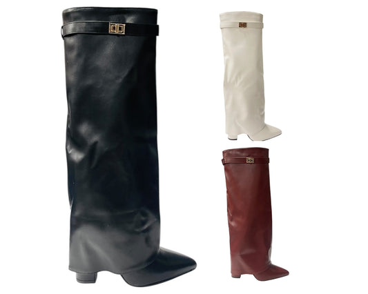 Knee High Faux Leather Fold Over Block Heel Boots