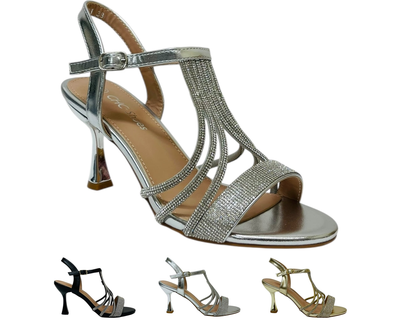 Diamante Ankle Strap Spool Heel Sandals