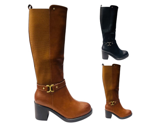 Faux Leather Stretch Panel Zip Knee High Boots