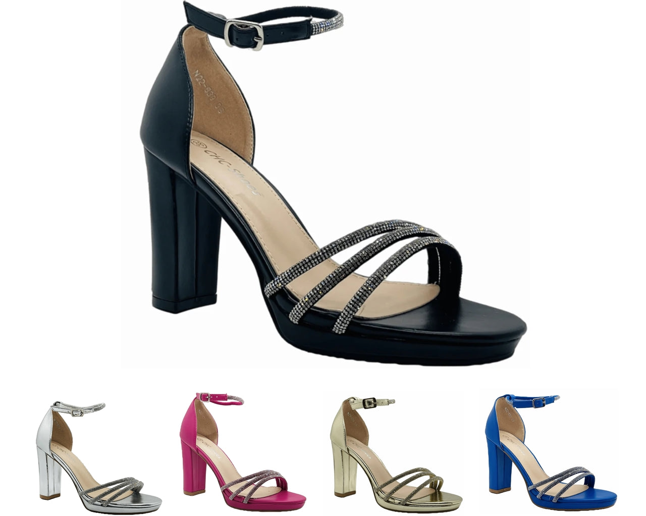 Block Heel Diamante Ankle Strap Shoes
