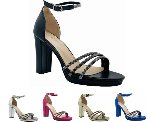 Block Heel Diamante Ankle Strap Shoes