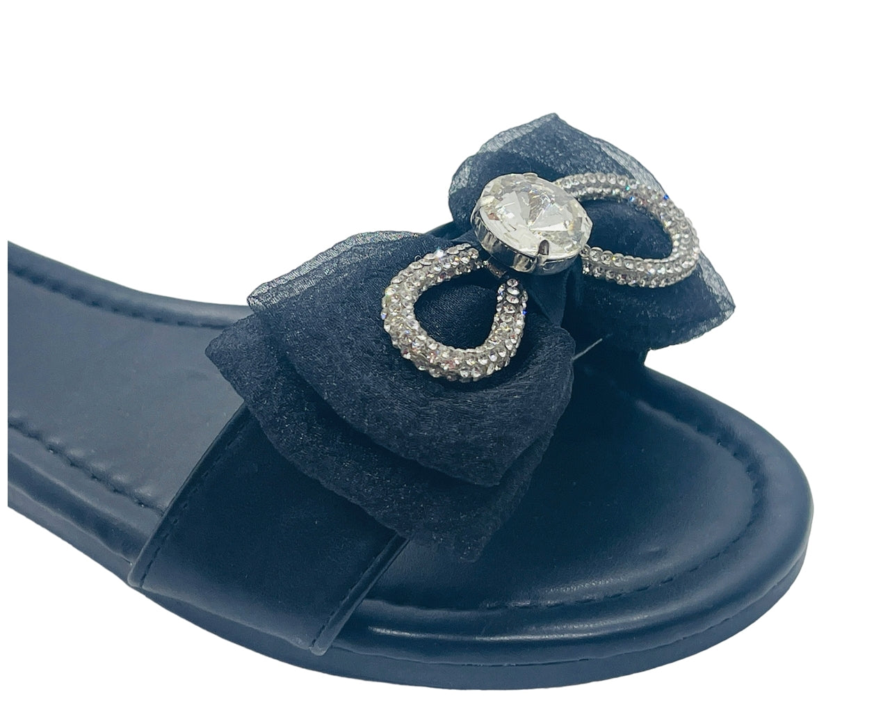 Ankle Strap Flat Rhinestone Mesh Bow Sandals