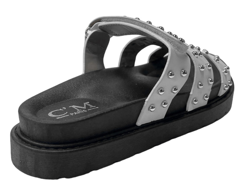 Faux Leather Flat Studded Sliders