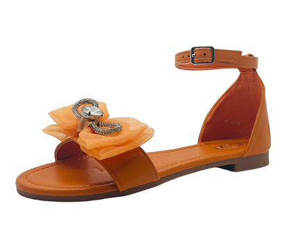 Ankle Strap Flat Rhinestone Mesh Bow Sandals