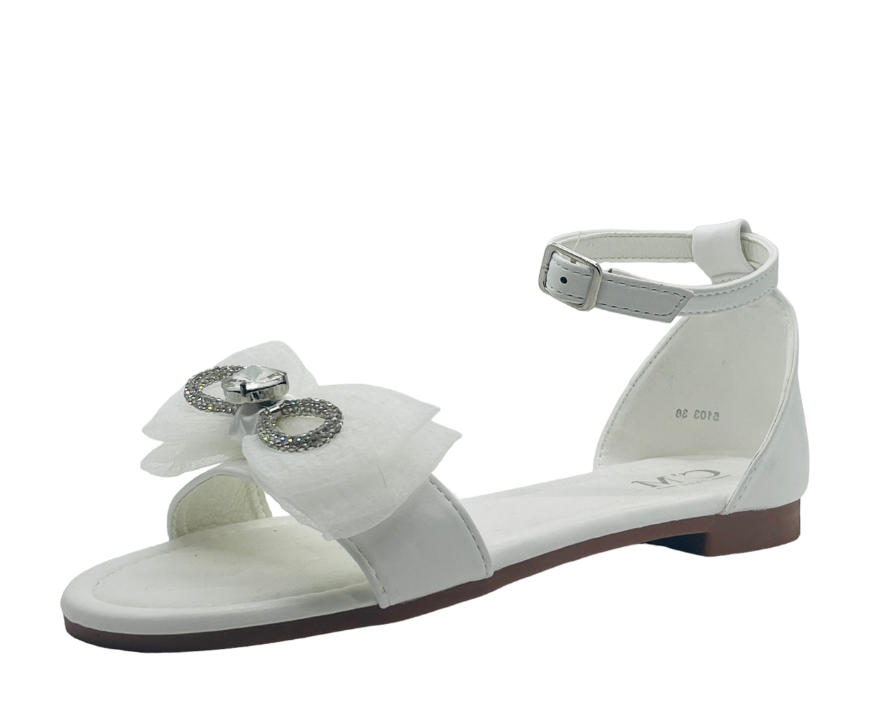 Ankle Strap Flat Rhinestone Mesh Bow Sandals