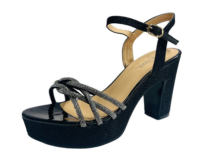 Block Heel Platform Diamante Glitter Shoes