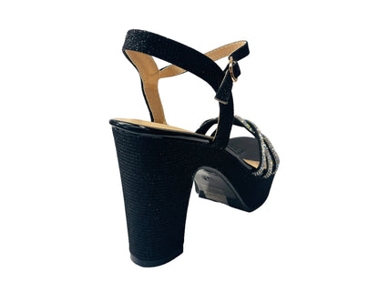 Block Heel Platform Diamante Glitter Shoes