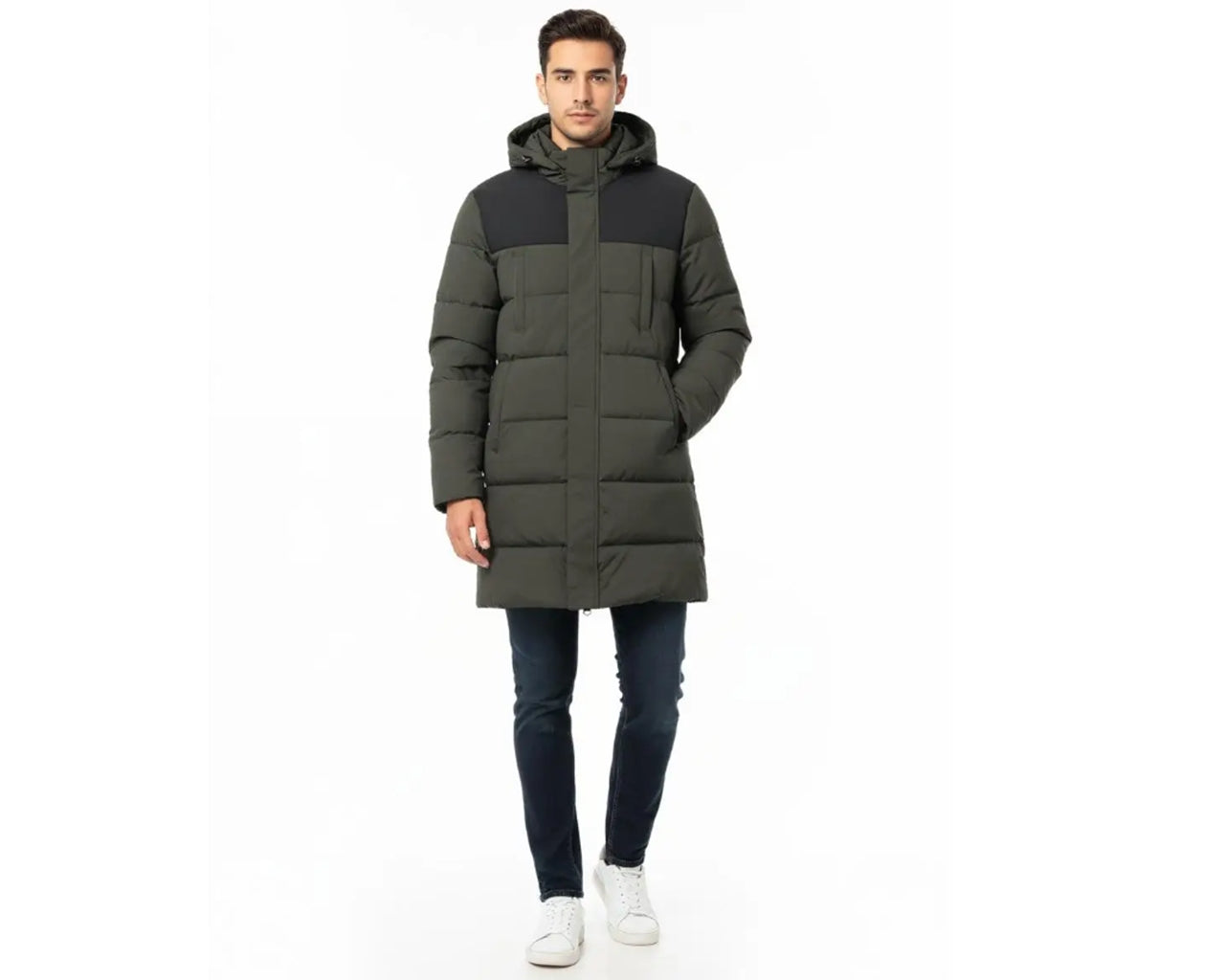 Padded Full Zip Removable Hood Long Puffer Jacket