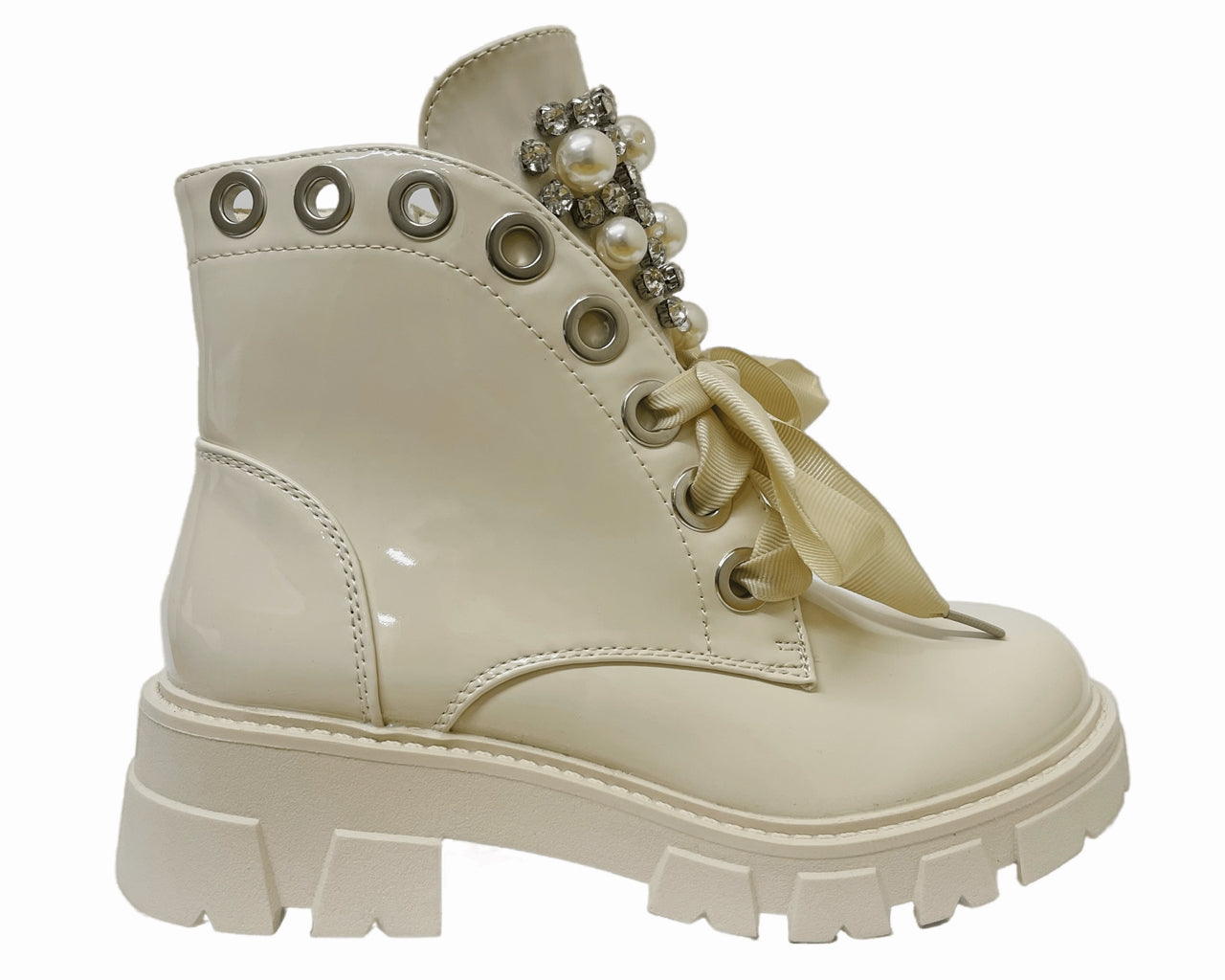 Faux Patent Leather Thick Lace Pearls Ankle Boots