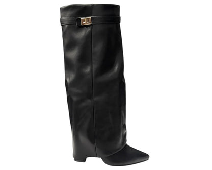 Faux Leather Knee High Fold Over Block Heel Boots