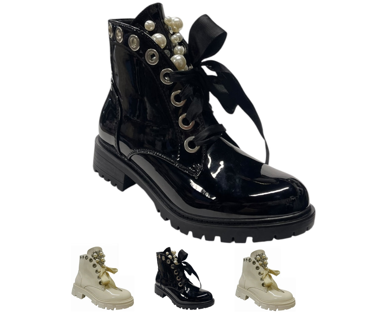 Faux Patent Leather Thick Lace Pearls Ankle Boots