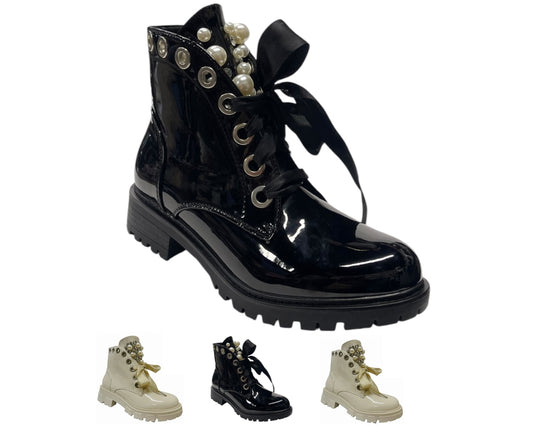 Faux Patent Leather Thick Lace Pearls Ankle Boots