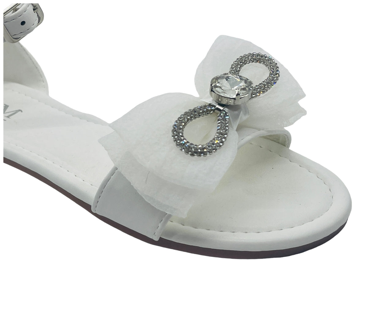 Ankle Strap Flat Rhinestone Mesh Bow Sandals