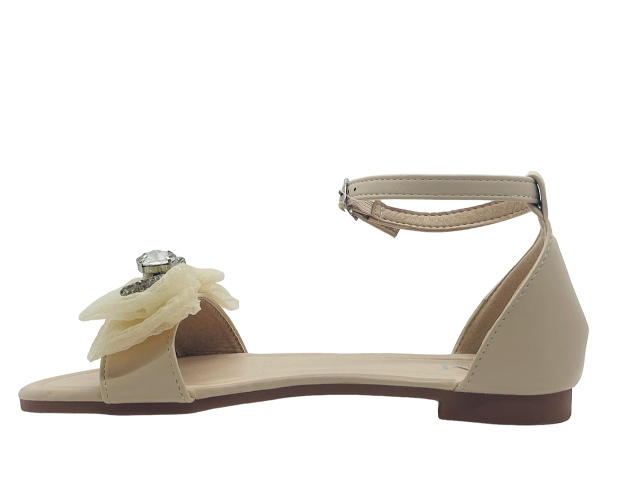 Ankle Strap Flat Rhinestone Mesh Bow Sandals