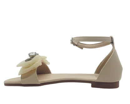 Ankle Strap Flat Rhinestone Mesh Bow Sandals