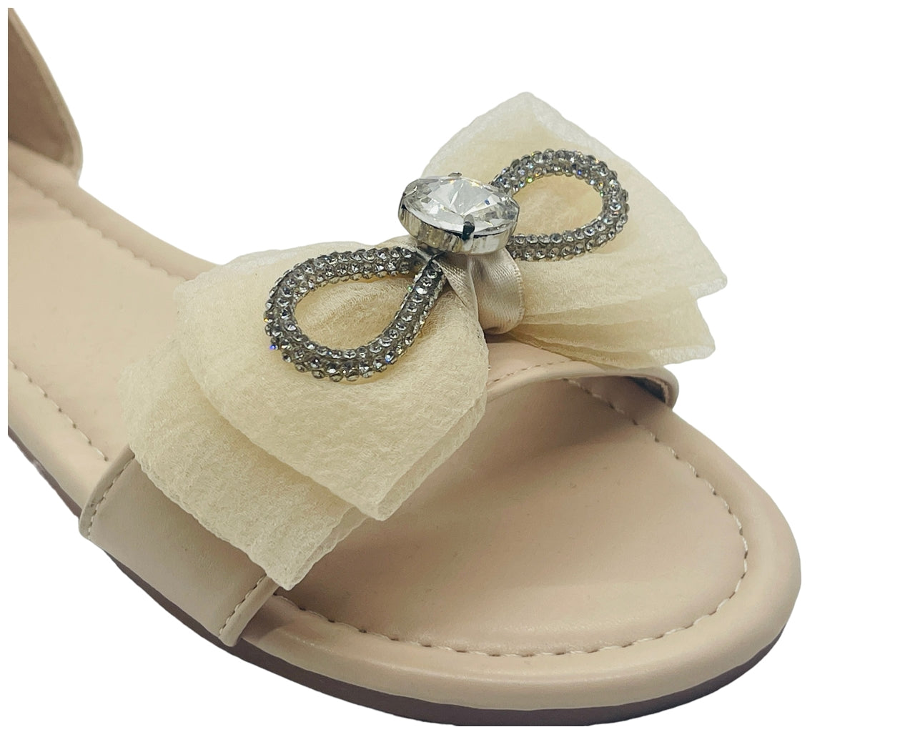 Ankle Strap Flat Rhinestone Mesh Bow Sandals