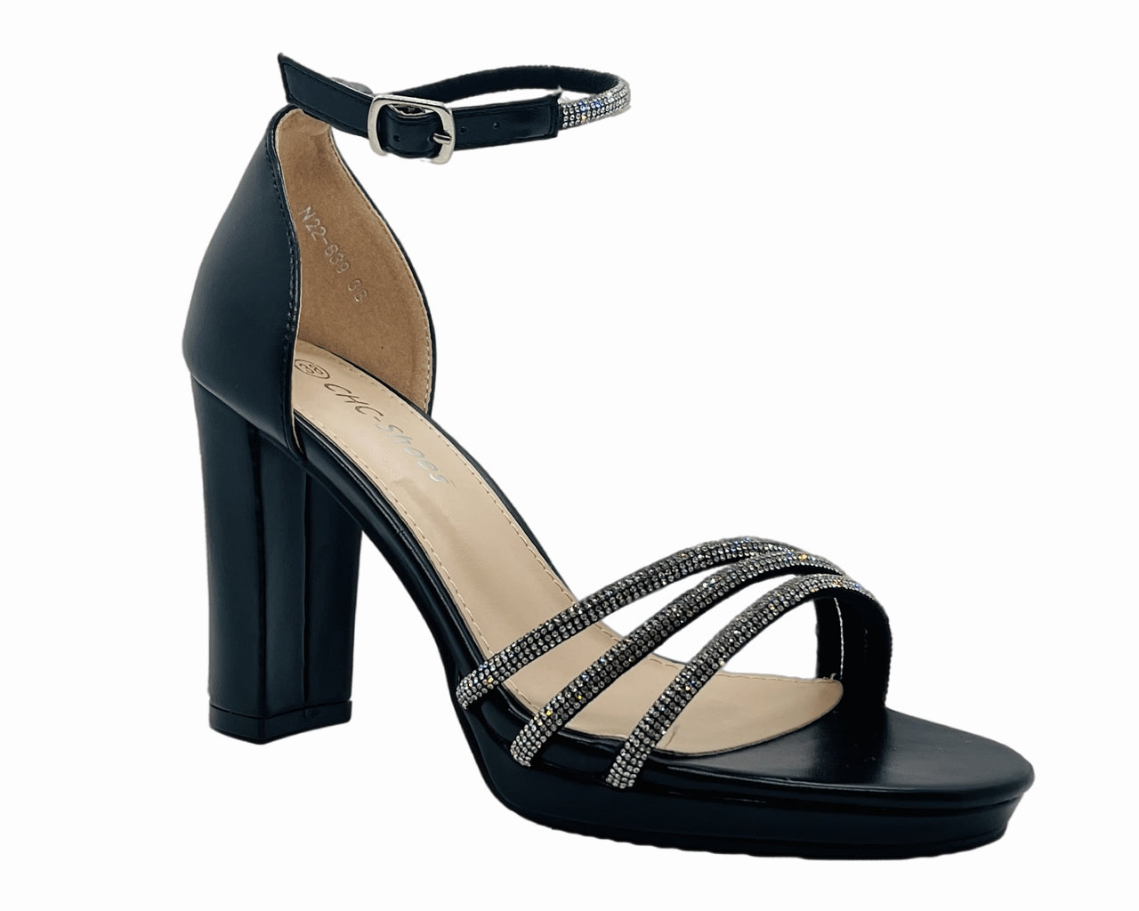 Block Heel Diamante Ankle Strap Shoes