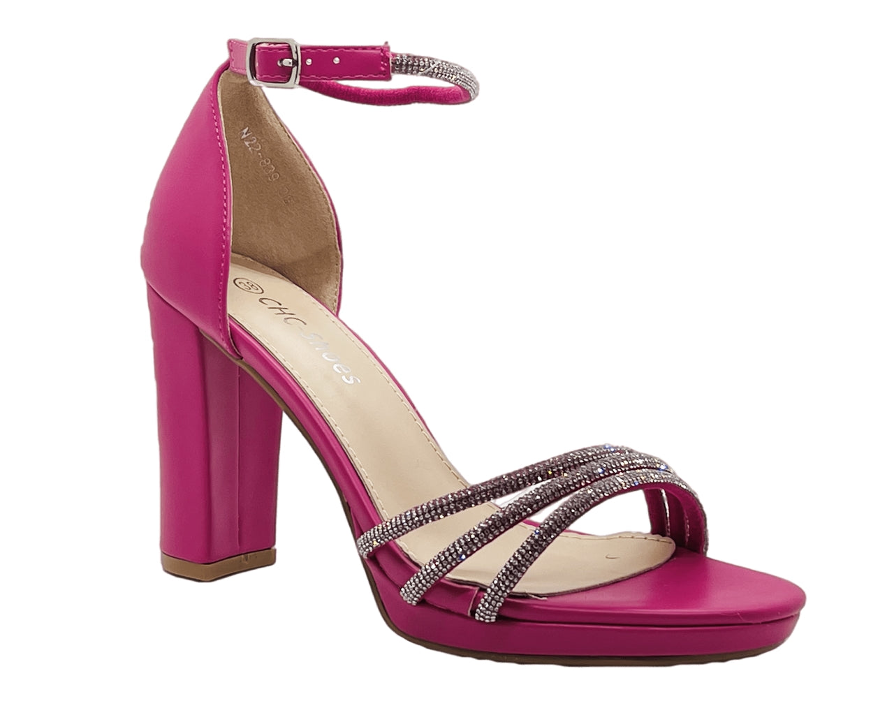 Block Heel Diamante Ankle Strap Shoes