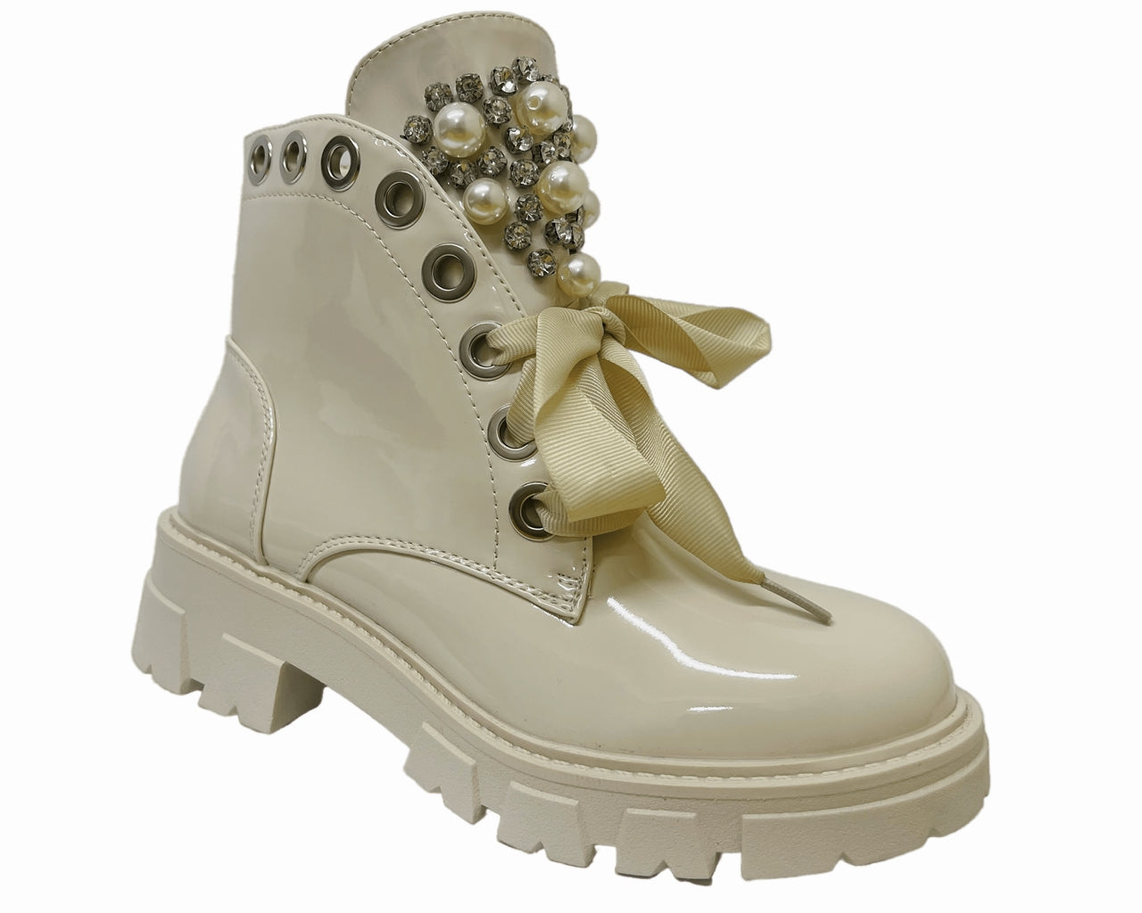 Faux Patent Leather Thick Lace Pearls Ankle Boots