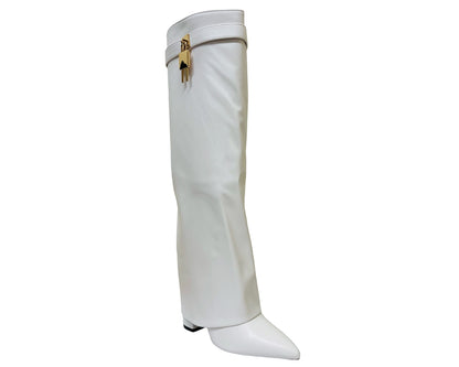 Faux Leather Padlock Knee High Fold Over Block Heel Boots
