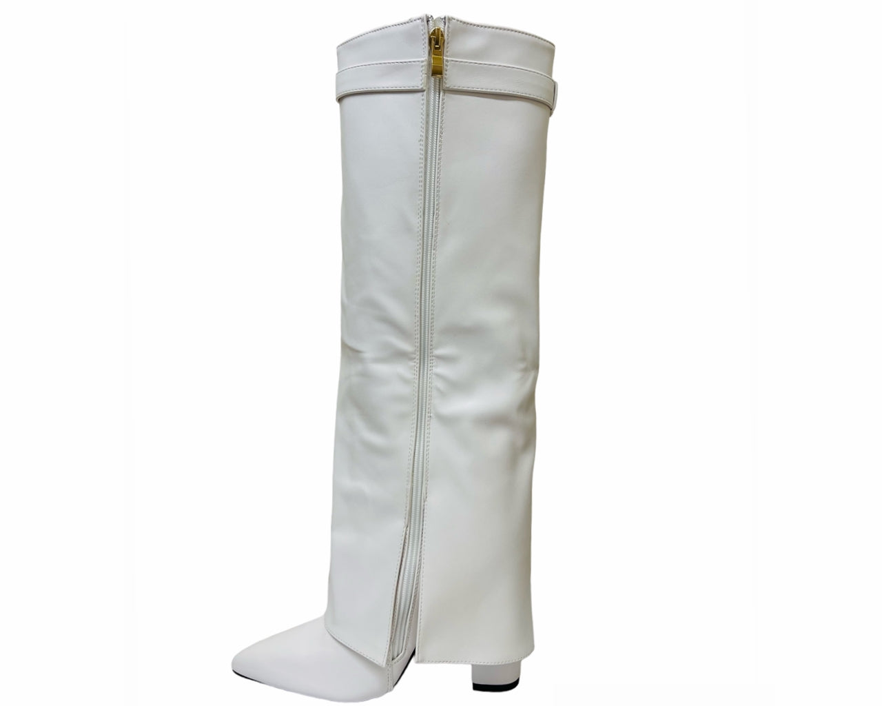 Faux Leather Padlock Knee High Fold Over Block Heel Boots