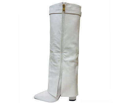 Faux Leather Padlock Knee High Fold Over Block Heel Boots