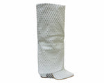 Women's Kneel High Fold Over Diamante Fishnet Block Heel Boots