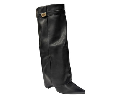 Faux Leather Knee High Fold Over Block Heel Boots