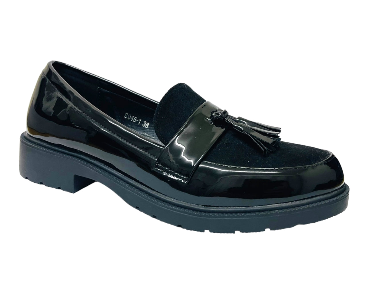 Faux Patent Leather Tassel Slip On Shoes