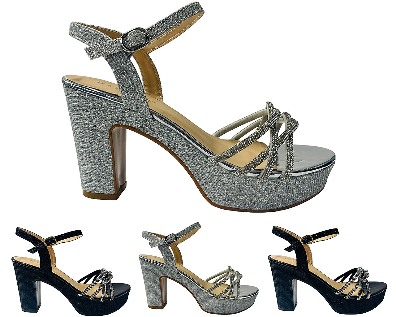 Block Heel Platform Diamante Glitter Shoes